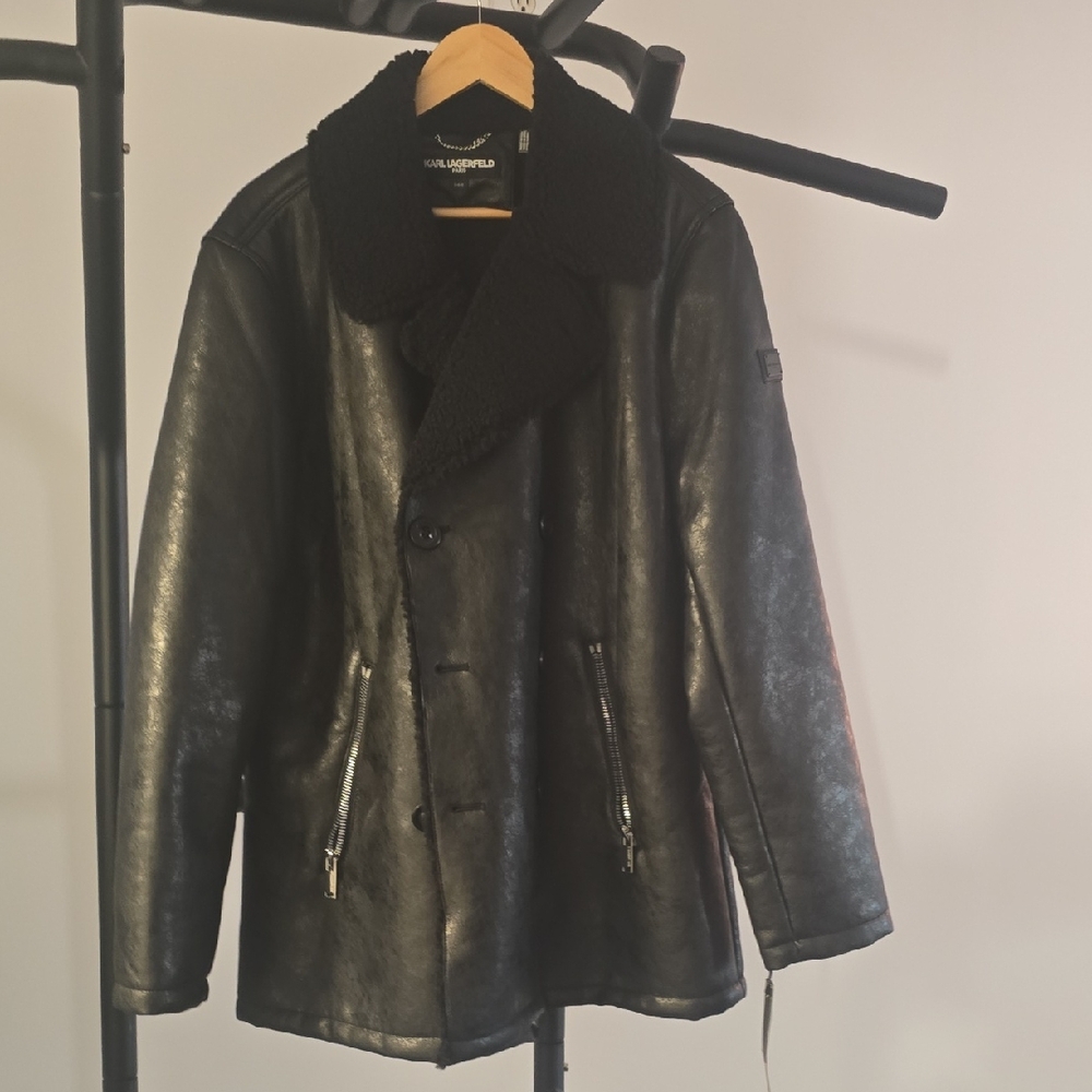 NWT Karl Lagerfeld Men’s Shearling-Collar Jacket – Size L, Black